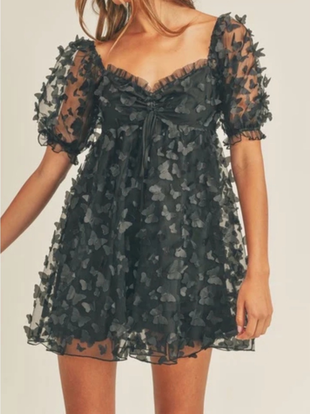 Black Mini Dress with 3D Butterfly Appliqués Medium